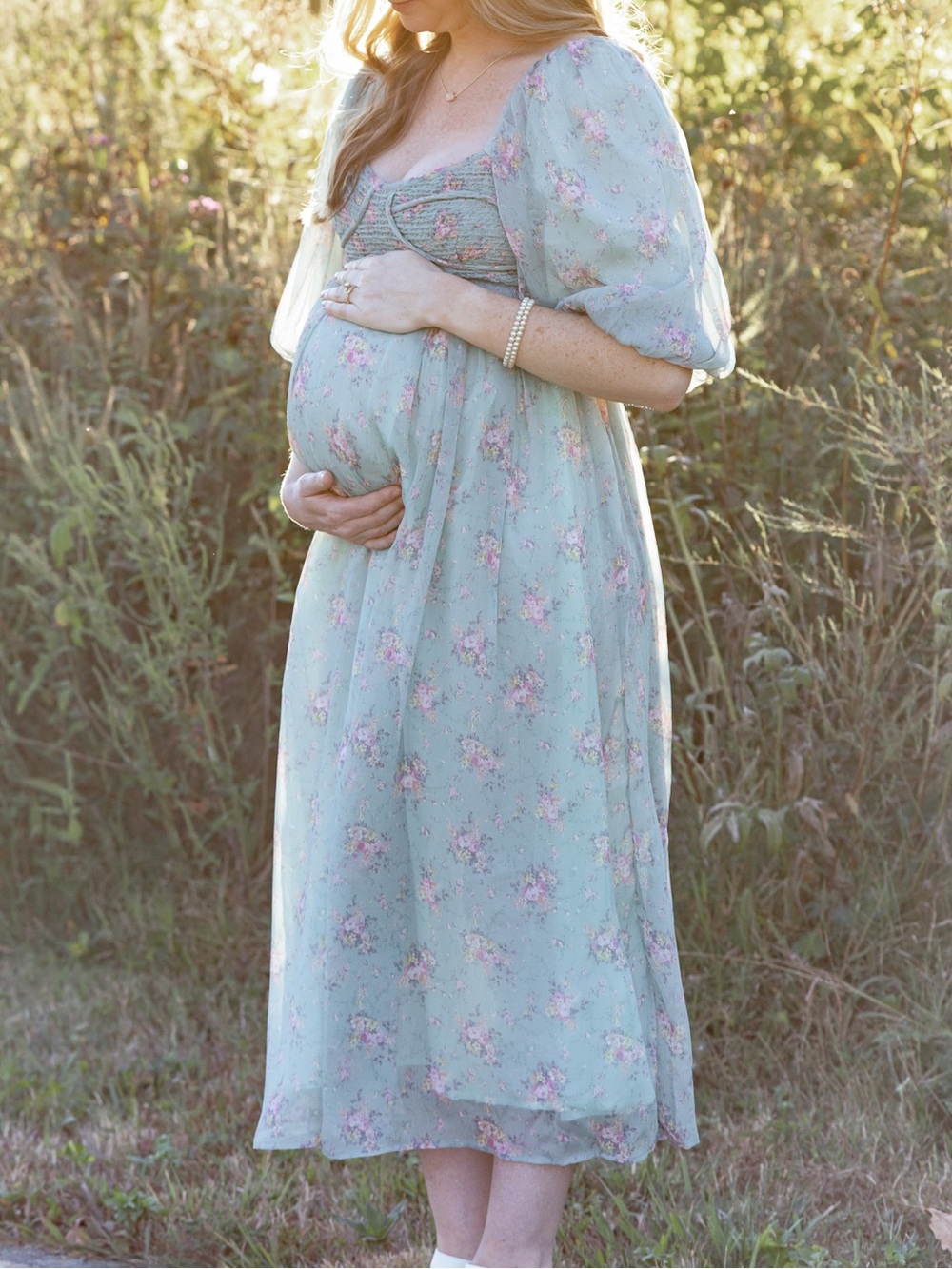 Floral Puff-Sleeve Maxi Dress in Sage Green